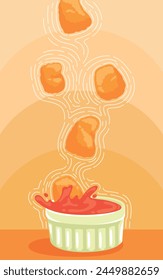 delicious chicken nuggets falling into a bowl with tomato ketchup