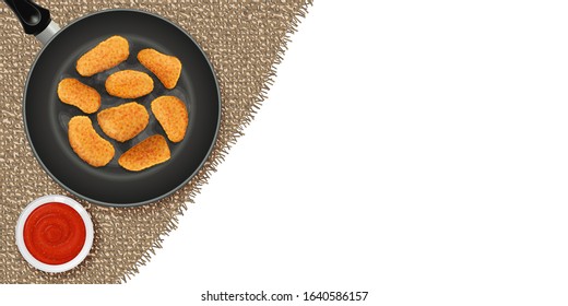 Delicious chicken nuggets on frying pan with sauce on canvas fabric. Horizontal flyer. Template. Object for packaging, advertisements, menu. Vector illustration. Realistic.