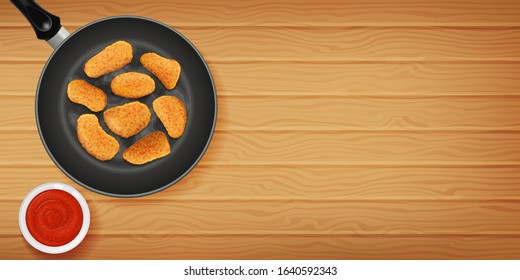 Delicious chicken nuggets on frying pan with sauce on wood brown background. Horizontal flyer. Object for packaging, advertisements, menu. Vector illustration. Realistic.