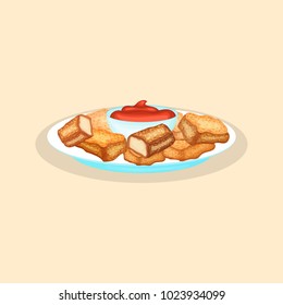 Delicious chicken nuggets with sauce - cute cartoon colored picture of fast food. Graphic design elements for menu, advertising, poster, brochure or background. Vector illustration of fast food