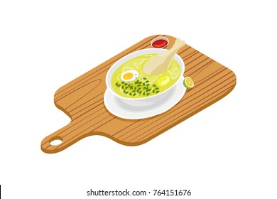 Delicious chicken soup with potatoes, boiled egg, Chinese onion and chili. Vector illustration