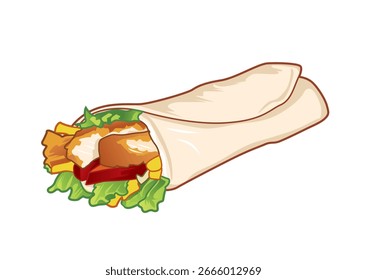 Delicioso wrap de pollo lleno de verduras frescas y salsa salada envuelto en una tortilla suave. Concepto alimentario