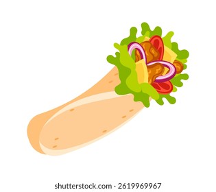 Delicious chicken wrap with fresh vegetables and cheese filling isolated on white background