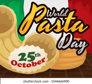 Delicious chifferi rigati -also called elbows and gomiti pasta- over squared tablecloth and Italian flag in the background reminding at you to celebrate World Pasta Day this 25th October.