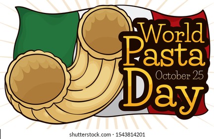 Delicious chifferi rigati pasta -also called gomiti or elbows- over Italian flag, promoting World Pasta Day celebration in October 25.