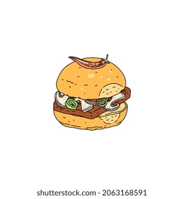 Delicious chili burger with beef steak, mushrooms and onion, sketch vector illustration isolated on white background. Fast food in hand drawn style, ingredients for restaurant or cafe menu.