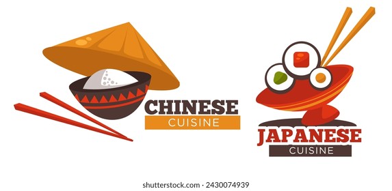 Deliciosa cocina china y japonesa y platos de restaurantes y tiendas. Logo con palillos, sushi y arroz. Comida sabrosa para los clientes. Banner promocional o emblema. Vector en estilo plano