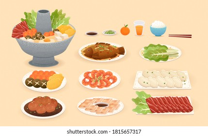 Delicious Chinese new year food in hand drawn design, isolated on yellow background