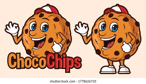 Delicious choco chips logo template, with funny cartoon character Premium Vector