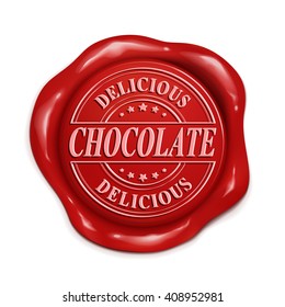 delicious chocolate 3d illustration red wax seal over white background