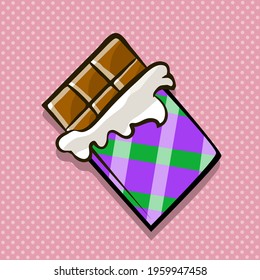 Delicious chocolate bar in an open package on a color background. Sweet dessert. Vector isolated cartoon pop art illustration