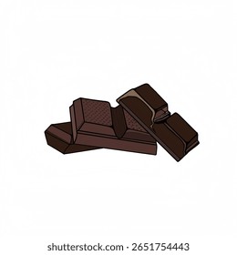 Deliciosos pedaços de barra de chocolate, de cor marrom escuro com uma textura sutil. Ilustração vetorial 