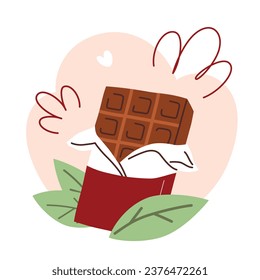 Delicious chocolate bar in red wrapping, unwrapped chocolate doodle icon, hand drawn composition with cocoa leaves, vector illustration, sweet gift for christmas and valentines, colored clipart