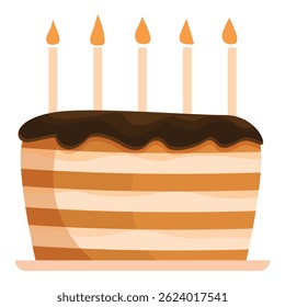 Delicious chocolate birthday cake with five burning candles is ready for a party