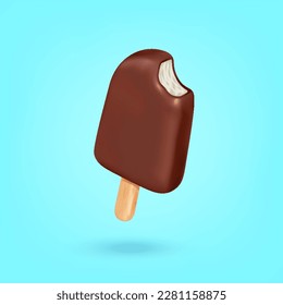 Delicious chocolate bitten ice cream on a stick volumetric image on a blue background