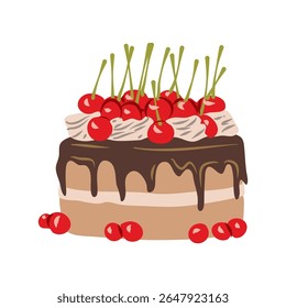 Delicioso bolo de chocolate adornado com cerejas e chantilly em um fundo transparente, perfeito para temas de padaria ou sobremesa em design gráfico.