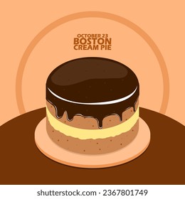 Delicious chocolate cake called Boston Cream Pie served on a wooden plate on a dark brown table with bold text on a light brown background to celebrate National Boston Cream Pie Day on October 23