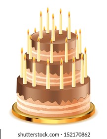 Delicious chocolate cake with candles on white background.