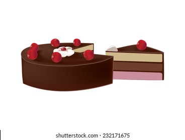 Un delicioso pastel de chocolate con cerezas. Un trozo de corte apetitoso