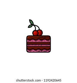 Delicious chocolate cake with a cherry on top flat icon