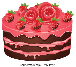 Delicious chocolate cake with decorations for holidays on white background.