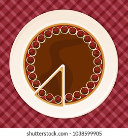 Delicious chocolate cake with raspberries, truffles and bananas top view