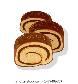 Delicious chocolate cake roll cutted to pieces. Sweet cocoa roulade with whipped cream on spiral layers. Dessert. Cartoon vector illustration isolated on white for confectionery, cakery, tuck shop.