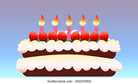 Delicious chocolate cake and whipped cream layer, icing sugar frosting decoration, covered with fresh strawberry. Happy birthday greeting card design. Flame effect candles. Gradient color background.