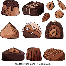 
Delicious chocolate candies set. Vector graphics hand drawing. 8 chocolates with nuts. Hazelnuts and Almonds