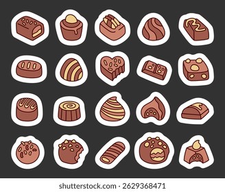 Delicious chocolate candy set featuring hand drawn sweet treats with creamy fillings, crunchy toppings, fun shapes, and cute outline cartoon design elements