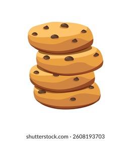 Delicious chocolate chip cookies isolated on white background. Stack of choco homemade cookies. Vector illustration