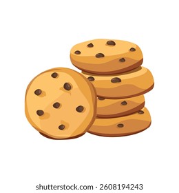 Delicious chocolate chip cookies isolated on white background. Stack of choco homemade cookies. Vector illustration