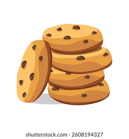 Delicious chocolate chip cookies isolated on white background. Stack of choco homemade cookies. Vector illustration