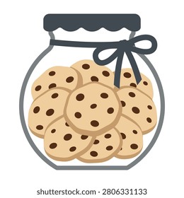Delicious chocolate chip cookies piled high in a glass jar with a decorative bow tie on the lid tightly closed