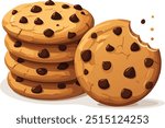 Delicious chocolate chip cookies vector illustration, with one stack of cookies on the left and a single cookie on the right with a bite taken out of it 