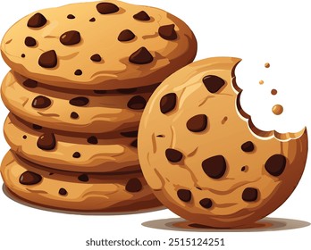 Delicious chocolate chip cookies vector illustration, with one stack of cookies on the left and a single cookie on the right with a bite taken out of it 