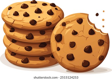 Delicious chocolate chip cookies vector illustration, with one stack of cookies on the left and a single cookie on the right with a bite taken out of it 