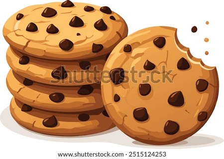 Delicious chocolate chip cookies vector illustration, with one stack of cookies on the left and a single cookie on the right with a bite taken out of it 