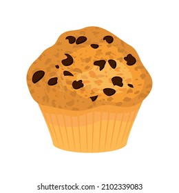 Köstliche Schokoladentrippchen sind ein Symbol für die Konditorei. Frischer klassischer Muffin mit Schokoladenchip-Symbol einzeln auf weißem Hintergrund