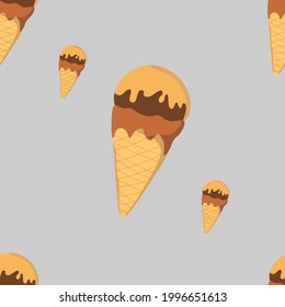 Delicious chocolate cone ice cream on a bright pastel gray background summer simplicity, seamless pattern