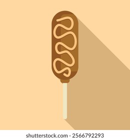 Delicious chocolate covered frozen banana with a long shadow on a beige background