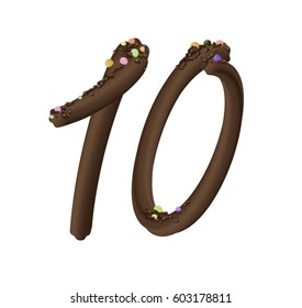 Delicious Chocolate Cream with Colorful Sprinkles. Candy Font Cursive Alphabet Isolated on White Background. Handwritten  Chocolate number 10. 3d Vector Illustrations.