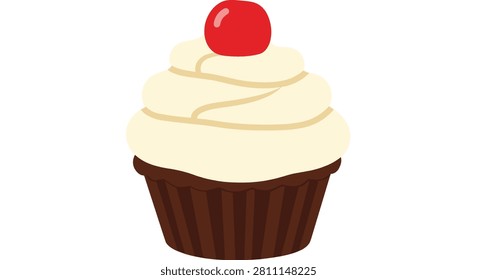 Delicious chocolate cupcake with a large swirl of white frosting and a bright red cherry on top is shown in a clean illustration.