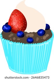 A delicious chocolate cupcake in a light paper cup, topped with whipped cream, a fresh strawberry, and juicy blueberries