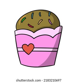 Delicious chocolate cupcake with multicolored sugar crumbs, vector illustration in cartoon style on a white background