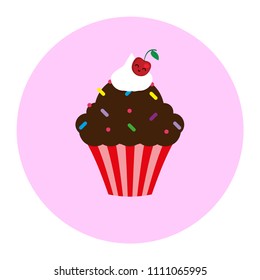 Delicious chocolate cupcake with sprinkles and cherry. Adorable muffin with cream topping flat vector illustration. Creamy cacao dessert icon. Cafe, bakery or restaurant logo. Nutrition, food concept