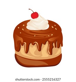 Delicious chocolate cupcake with whipped cream and cherry. Vector cartoon illustration of sweet food.