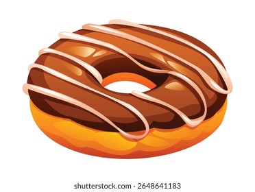 Delicious chocolate donut topped with elegant white icing stripes, a classic sweet treat for any occasion. Vector cartoon illustration