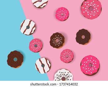 Delicious chocolate donuts pattern with fruit filling and white chocolate on a pink blue background can be used as a print
