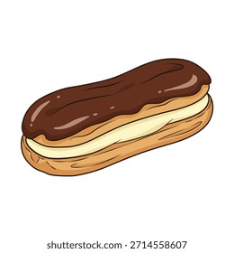 Delicioso chocolate eclair pastel con nata relleno icono de Ilustración vectorial en estilo de dibujos animados plana aislado sobre fondo blanco